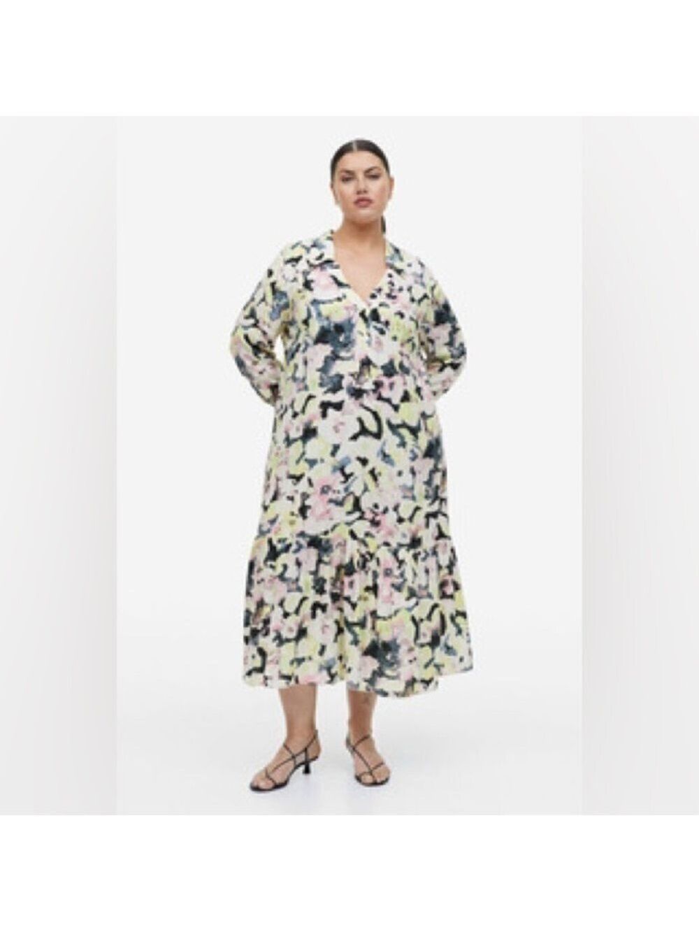 H&M Floral Print Collared Long Sleeve Midi Dress